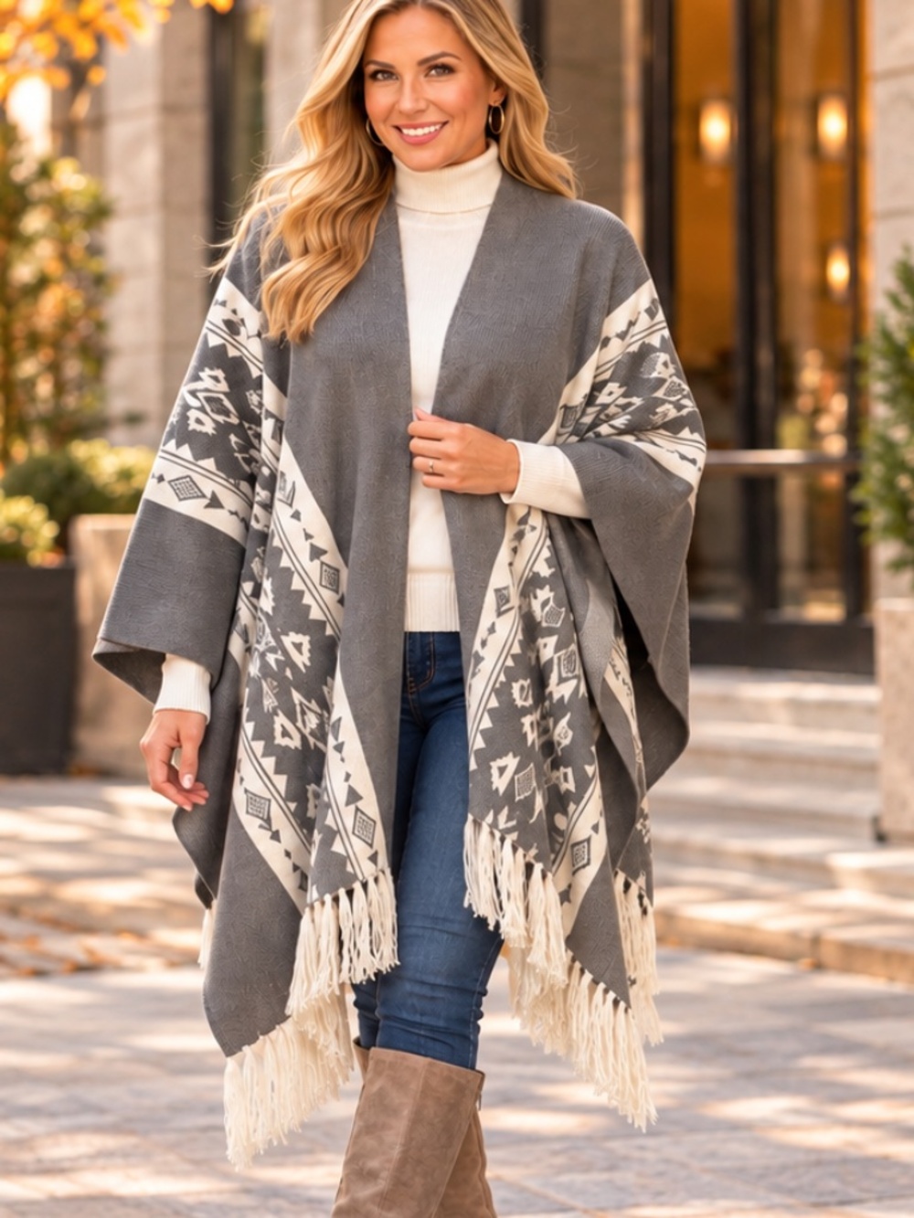 Patricia Nash Prairie Shawl Poncho Ruana Gray Cream Fringe OS NWOT